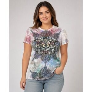 Amour Graphic Tee Women Size M Multi-Color Butterfly Rhinestone Burnout Y2K Top
